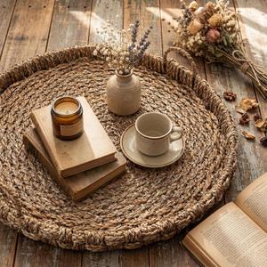 Large 15.7 Inches Rattan Round Serving Tray with Handles Round Braided Bankuan Basket with Handles for Decorative Coffee Table Fruit Bread