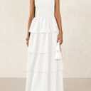 PRETTYGARDEN Women's Maxi Dress 2025 Summer Off Shoulder Smocked Tiered Ruffle Long Flowy Dresses Casual Beach Sundress (White,Large) (White, L)