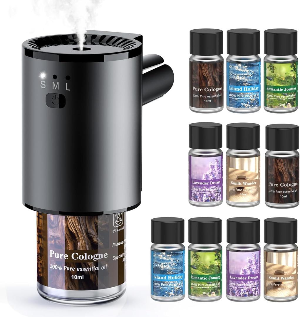 Car Air Freshener, Smart Car Air Freshener for Vent Clips, 1200 Sprays Per Charge, Car Fresheners with Auto On/Off, 5 Scents, 10 Refill Bottles (1Pack)