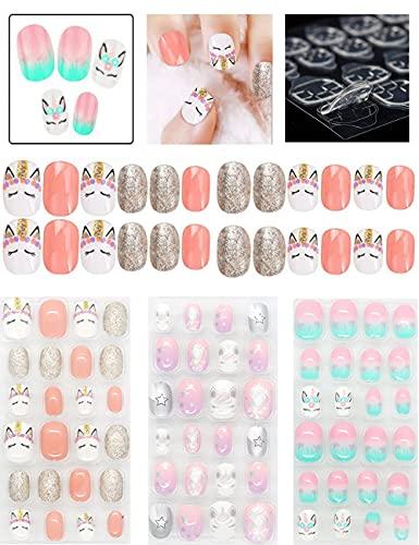 Rain Bingo 72 Pieces False Nails Press on Nails for Kids- Unicorn Short Fake Artificial Full Cover Nail Art Kits Transation with Nail Glue Tabs for Girls Children, Incomplete