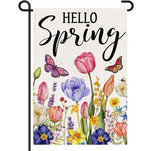 Hello Spring Garden Flag 12x18 Inch, Colorful Tulip & Wildflower Yard Flag with Butterflies, Double Sided Burlap Outdoor Seasonal Decoration for Porch Lawn Garden DF1098