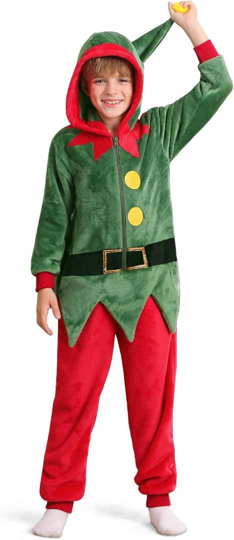 Kids Christmas Costume Flannel Hooded Outfits 4-14 Years (Chirstmas Elf)