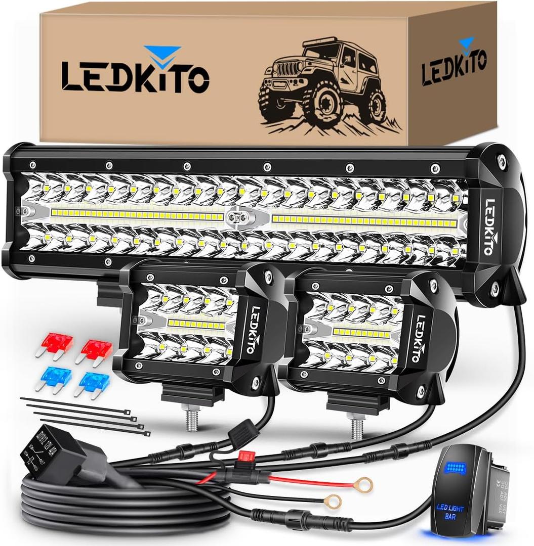 12Inch LED Light Bar and 2PCS 4Inch LED Cube Pod Lights Off Road Driving Light with Rocker Switch 3Lead Wiring Harness Kit Spot Flood Combo Triple Row Light Bars for SUV UTV ATV Truck Tractor
