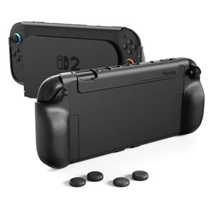 PlayVital Pure Grip Case for Nintendo Switch 2 Shockproof TPU Cover Ergonomic Anti-Slip Grips Design & Thumbstick Caps - Black