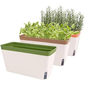 OurWarm Windowsill Herb Planter Box Indoor Set of 2, 10.5 Inch Self Watering Planter Pots with Visual Water Level Window, Modern Plastic Plant Pots for Herbs, Vegetables, Succulents Plants