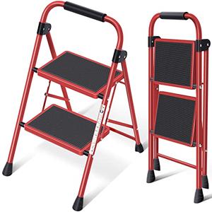 KINGRACK 2 Step Ladder, Folding Step Stool with Anti-Slip and Wide Pedal, Lightweight Stepladder with Handrails, Portable for Kitchen, Household, Red