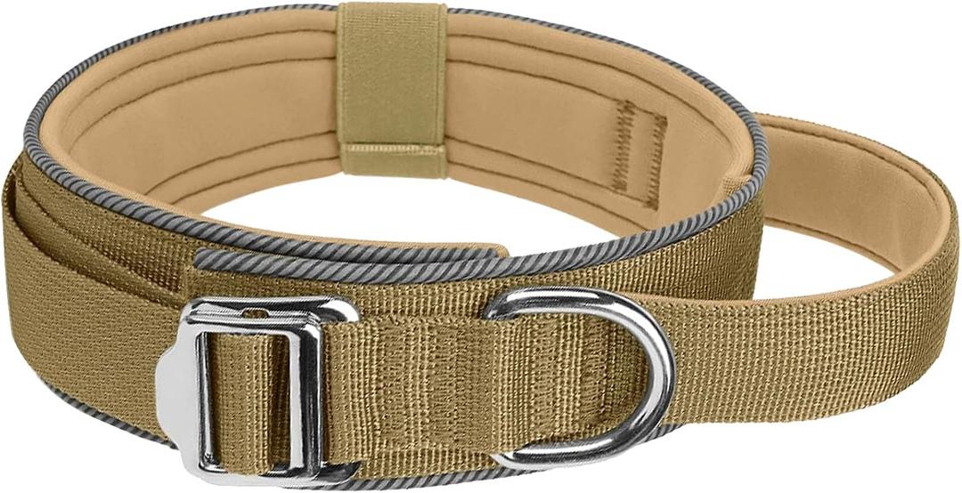 Tactical Dog Collar for Medium & Large Dogs - Military Nylon Training Collar with Control Handle, Adjustable Reflective Collars with Metal Buckle for Training Walking Khaki