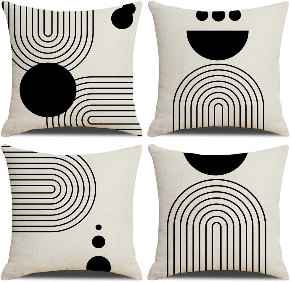 IcosaMro Boho Pillow Covers 18x18 Set of 4, Mid Century Black and White Modern Geometric Cotton Linen Throw Pillow Case Decorative Cushion Cover with Zipper for Outdoor Indoor, Arch Sun
