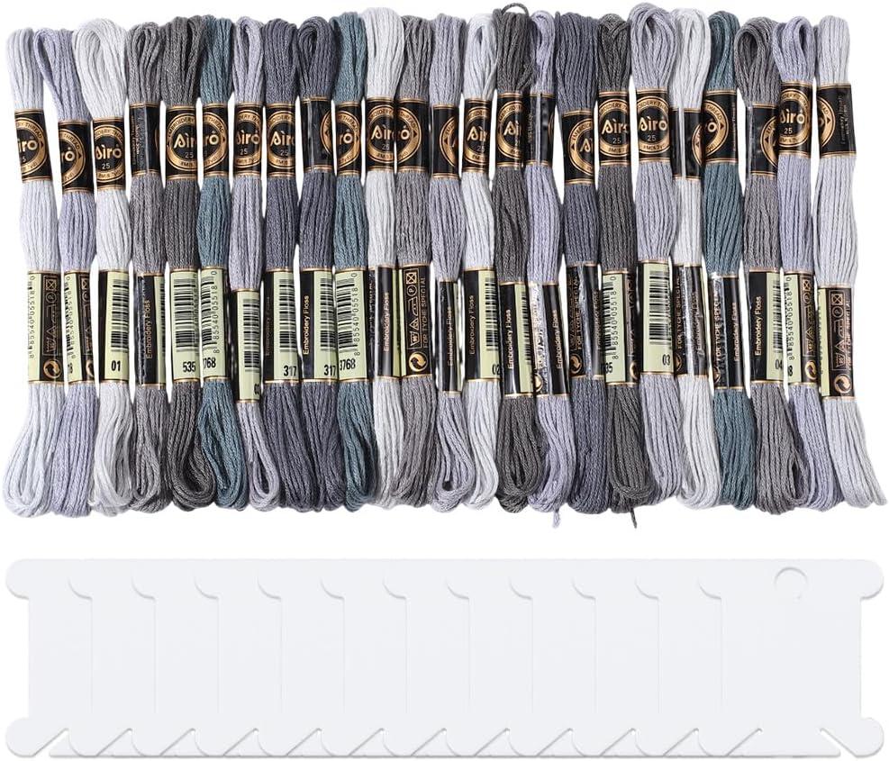 24 Skeins 6 Strands Grey Embroidery Thread Floss Variegated Gradient Friendship Bracelets String Cross Stitch Threads Bulk with 12 Floss Bobbins for Bracelet Making Sewing Knitting Craft Diy (Gray)