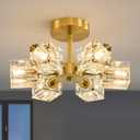 K9 Crystal Semi Flush Ceiling - Modern Gold 6 Lights Sputnik Ceiling Light Fixture - Brushed Brass Luxury Flushmount Chandelier for Dining Room Kitchen Living Room Bedroom Bathroom Entryway Foyer