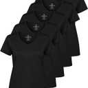 Real Essentials 5 Pack: Women's Dry-Fit Short Sleeve V Neck T Shirt Workout Fitness Yoga Top Tee (Large)