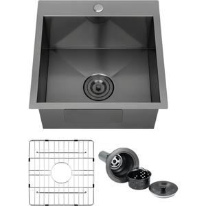 FRANIC 18" Handmade Black Bar Workstation Sink, 18" x 18" x 9" Stainless Steel Matte Nano Black Topmount Single Bowl Small Kitchen Outdoor Sink