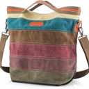 Canvas Handbag Multi-Color Striped Lattice Cross Body Shoulder Purse Bag Tote-Handbag for Women