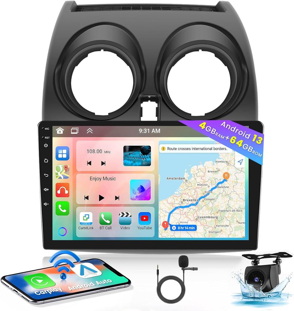 Hikity for Nissan Rogue Sport 2007-2013 Android 13 Car Stereo with Wireless Carplay, 8 Core 4+64GB 9 Inch IPS Touchscreen Car Radio 59UI GPS Navigation WiFi 32EQ DSP Backup Camrea