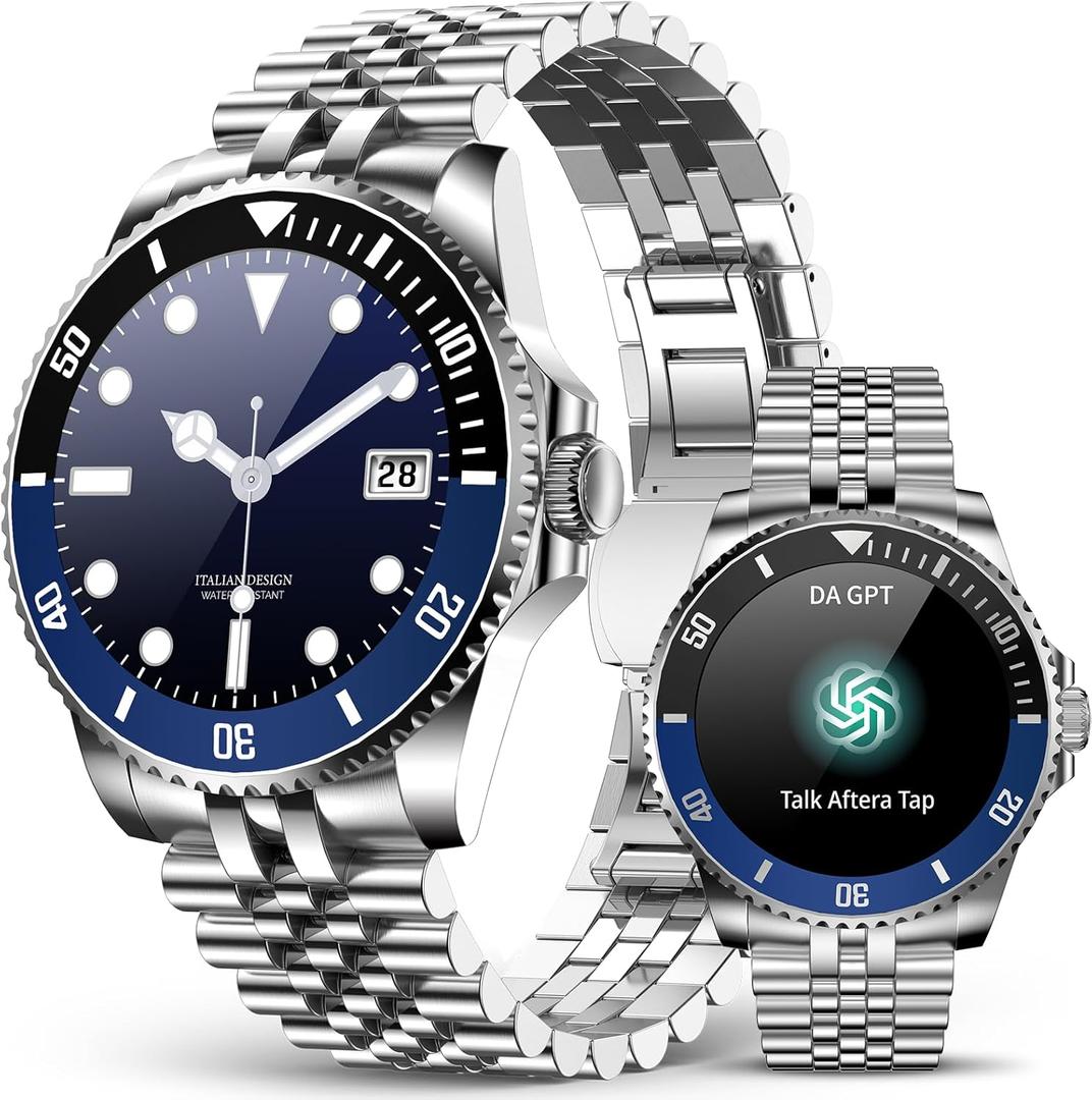1 Pack 2025 DA GPT Smart Watch for Men, Heart Rate, Blood Pressure, Blood Oxygen, Sleep Monitor, 107 Sports Modes, 1.19-inch AMOLED Display, Waterproof Round Watch, Compatible Android and iOS Silver Blue