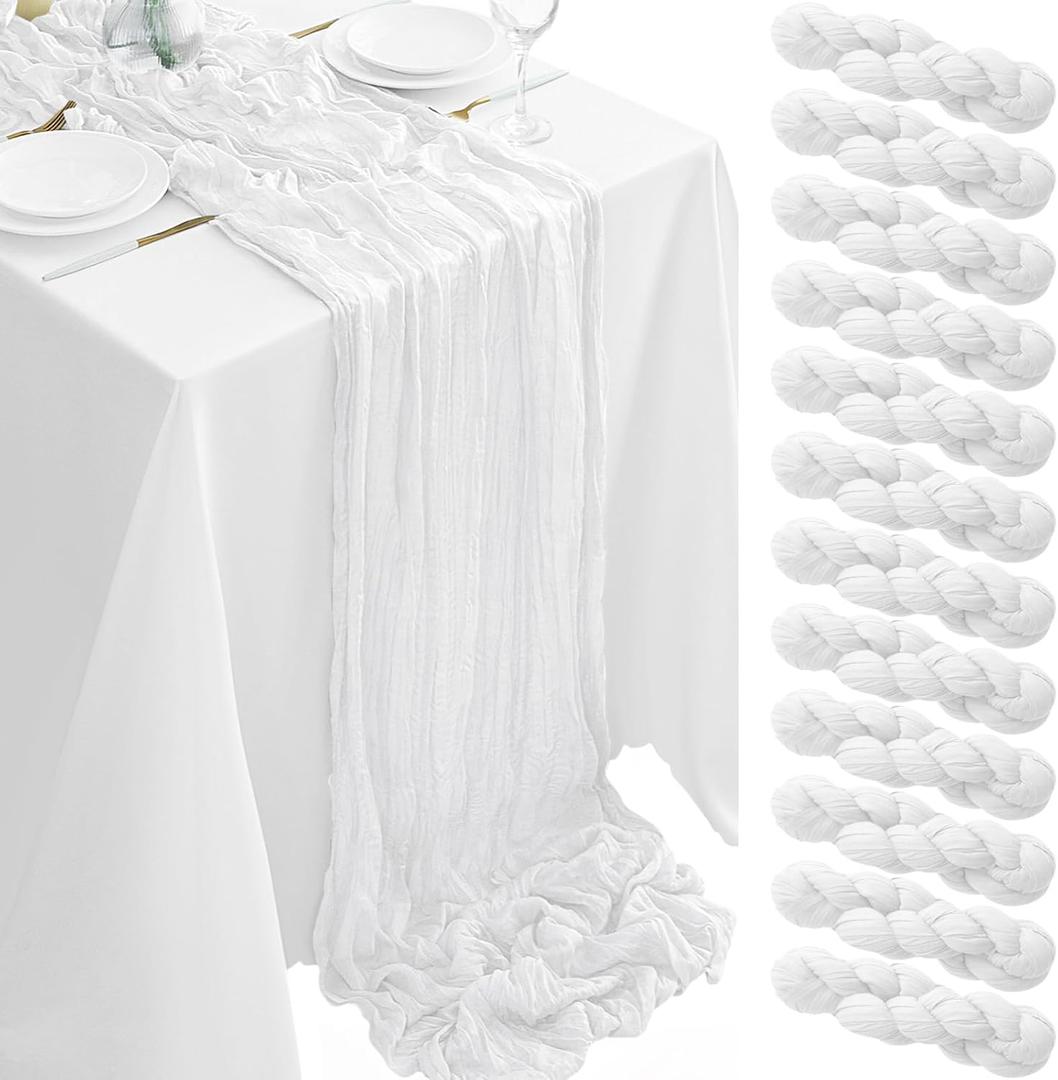 12Pack White Table Runner 10FT Cheesecloth Table Runner 35x120inch Cheese Cloth Table Runners Rustic Boho Gauze Table Runners for Party Wedding Birthday Dining Bridal Baby Shower Decor