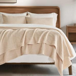 EVERGRACE Cotton Coverlet Set Full Queen Size 3 Pieces, Lightweight Soft Ribbed Matelass Bedspread Quilt Set, Cozy Oversized Quilted Bedding Set with 2 Pillow Shams for All Seasons, Warm Beige