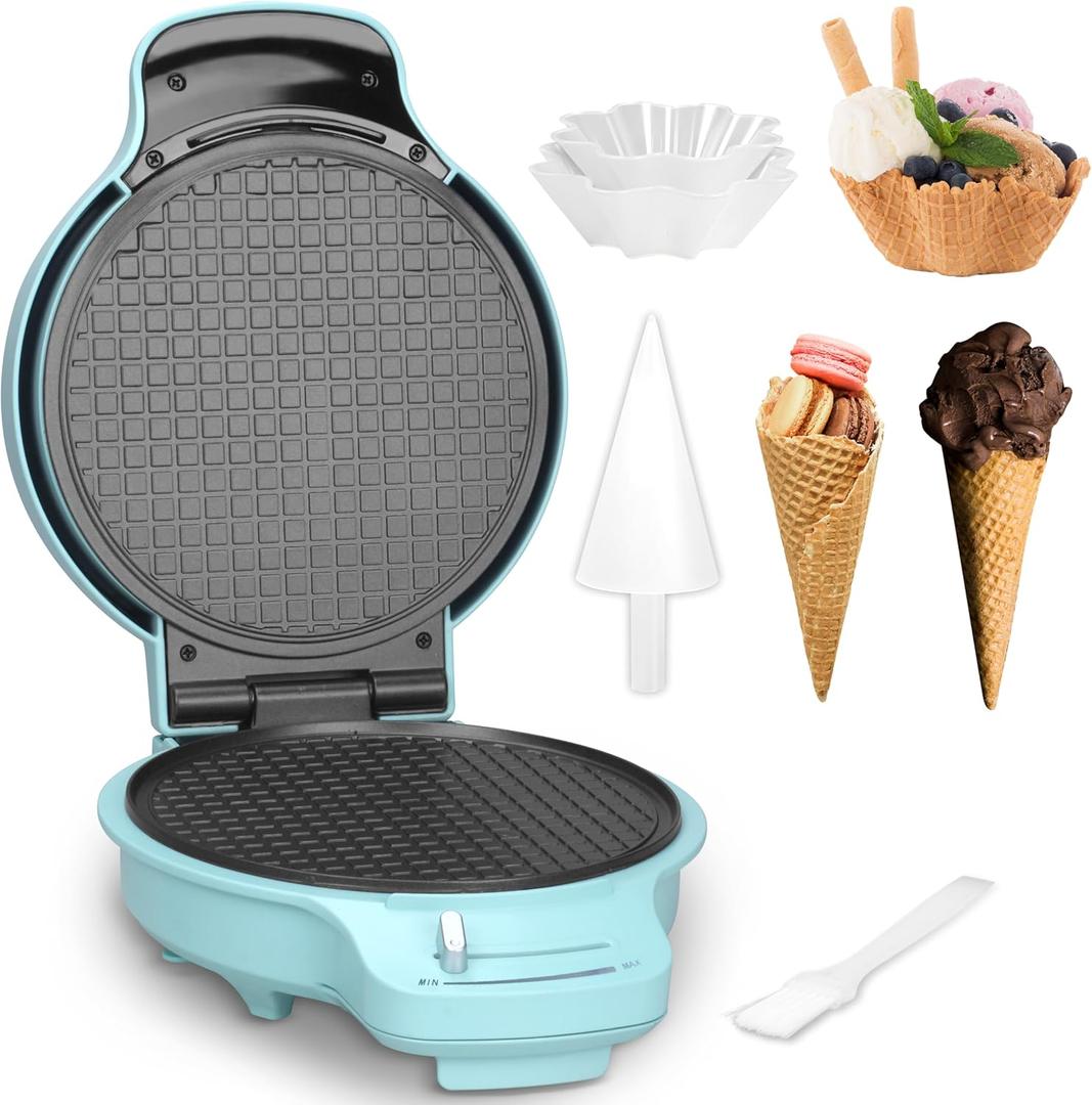 Baker's Friend Waffle Cone Maker Machine with Browning Control, 7.5” Ice Cream Cone Maker, Cone Roller & Bowl Press Included,Thin Waffle Maker Crispy, Nonstick Waffle Bowl Maker,Aqua