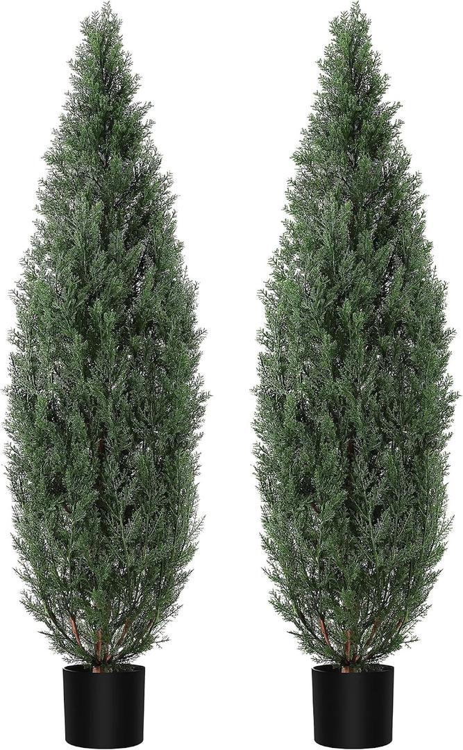 Garvee 5ft Artificial Cedar Topiary Trees for Outdoor, 2-Set Faux Plants Evergreen Fake Pine Cypress Tree with Black Pot, UV Protection for Front Porch Door Home Decor, 2 Pack