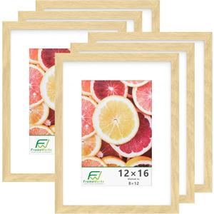FrameWorks 12x16 mat to 8x12 Classic Wooden Picture Frames With Tempered Glass | Natural Oak | 6-Pack