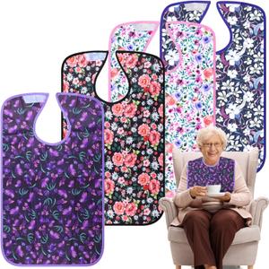 Adult Bibs - 4 Pcs Washable Clothing Protector with Crumb Catcher, Reusable Waterproof Large Feeding Dining bibs for Women/Mom/Men