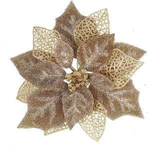 (Pack of 6) Glitter Poinsettia Christmas Tree Ornaments, Christmas Decorations Flower (Brown Gold)