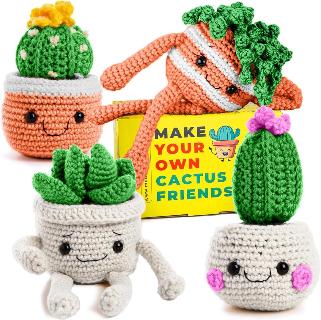 MODDA Crochet Kit for Beginners - Beginner Crochet Starter Kit with Easy-to-Follow Video Tutorials, Learn to Crochet Kits for Adults and Teens, DIY Knitting Supplies, Cactus Kit, 4 Pack Plants Family