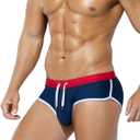 Arjen Kroos Men's Swim Briefs Sexy Bikini Contrast Color Swimsuit Swimming Briefs with Drawstring (Large, Navy Blue)