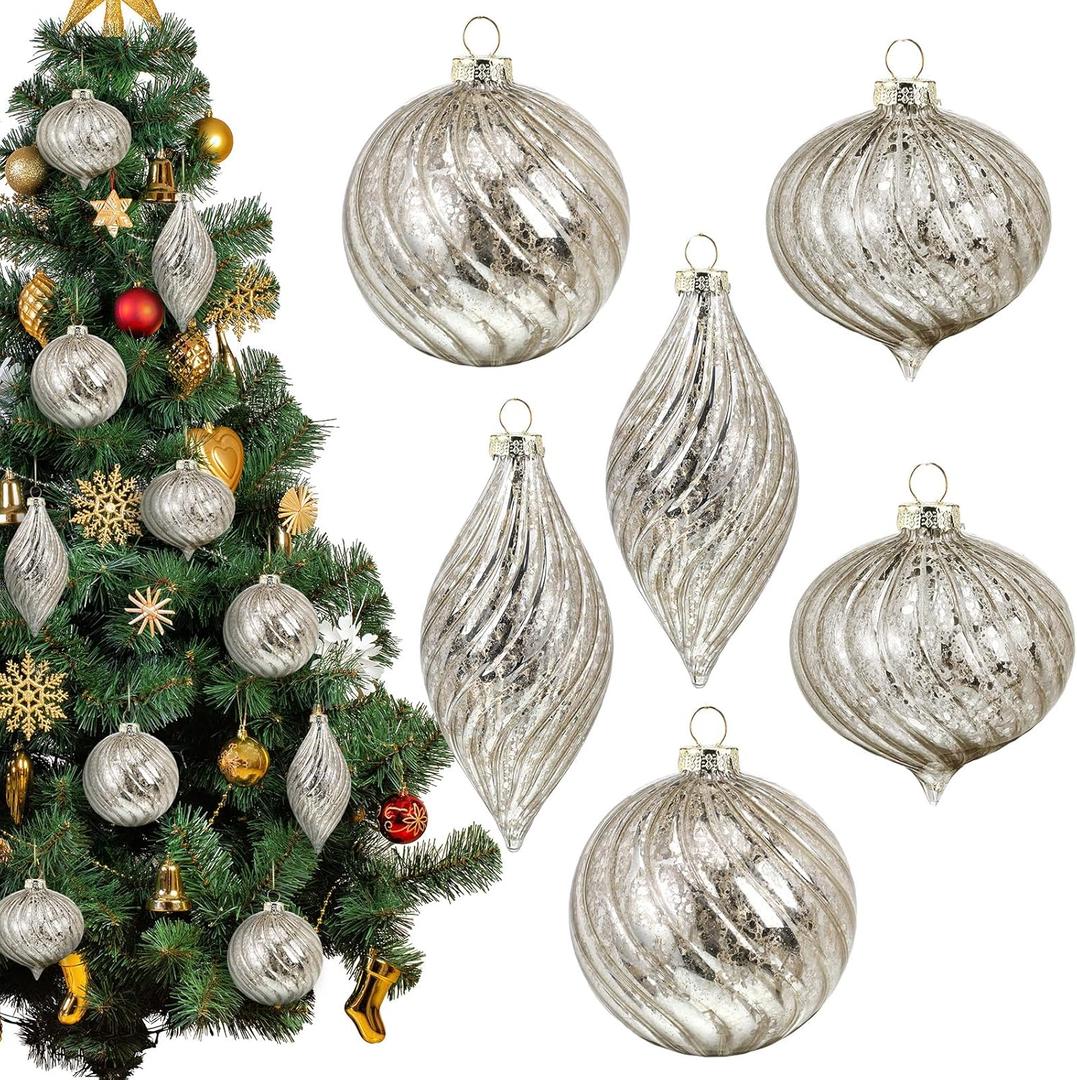 6 Pcs Silver Glass Christmas Ornaments, Mercury Christmas Ball Ornaments Hanging Hand Blown Glass Balls for Xmas Tree Home Wedding Birthday Holiday Party Decor, 2.36 Inch