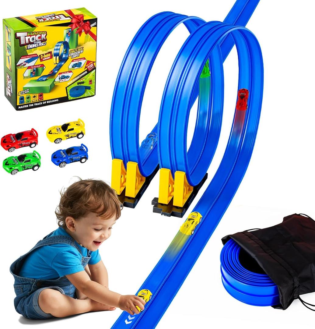 Flex Tracks 16.4 Ft Flexible Race Track for Kids 3+, Portable DIY Roll-Up Race Car Track Compatible with Diecast 1/64th Cars Stocking Stuffers Birthday Gifts for Boys Girls Ages 3 4 5 + (Blue)