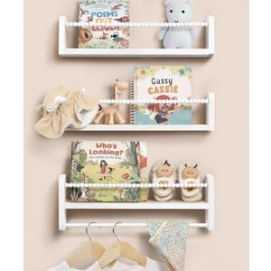 Nursery Book Shelves for Wall Set of 3, White Natural Wood Bookshelf Wall Decor, Small Floating Shelf Organizer for Kids Room, Bedroom, Kitchen Spice Rack (16 inch)