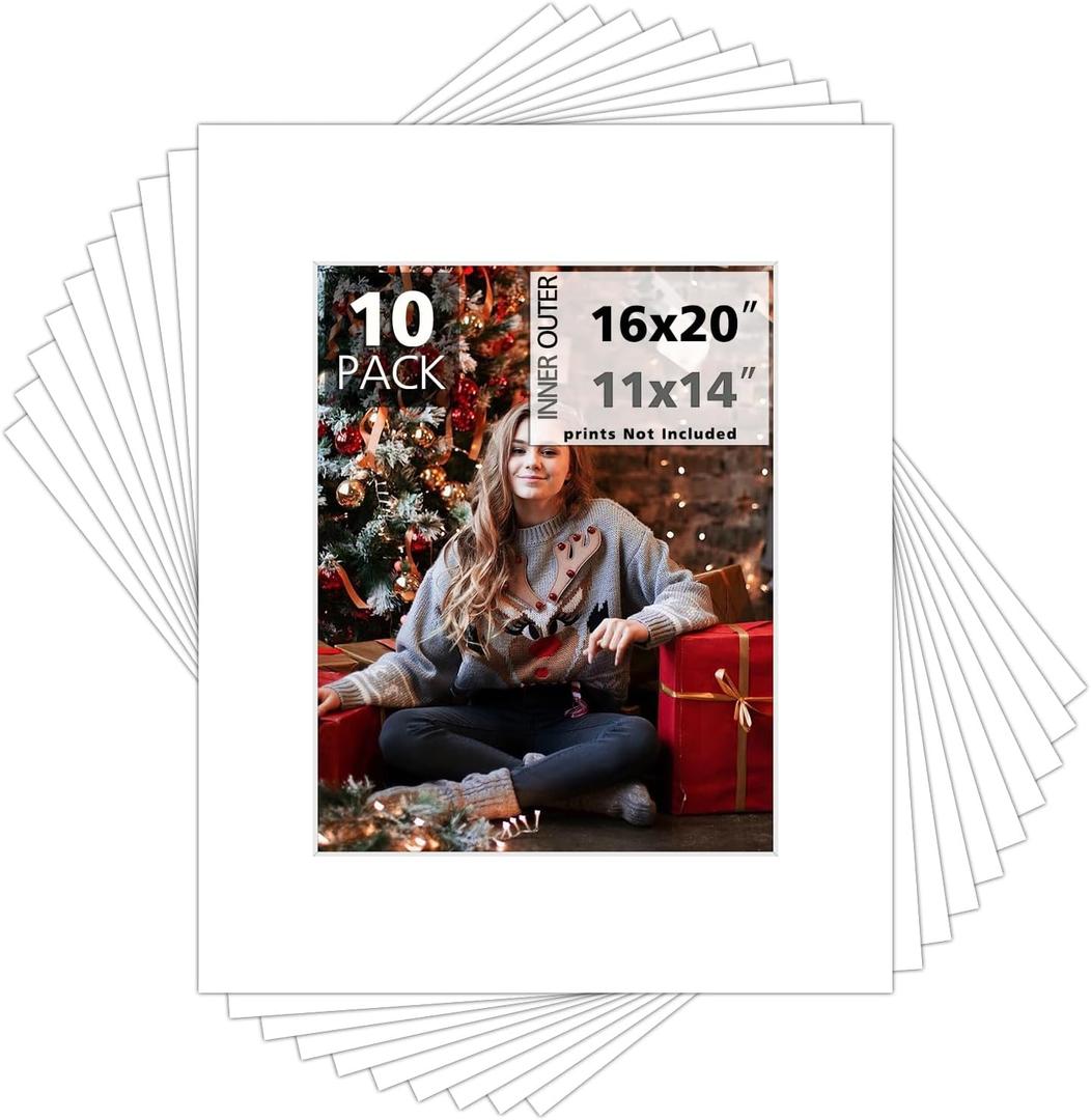 Mat Board Center, 10 Pack 16x20 for 11x14 White Photo Picture Mats - Acid Free, 4-ply Thickness, White Core - for Pictures, Photos, Framing