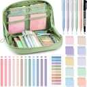 Jutom 39 Pcs Aesthetic Book Annotation Kit Highlighter with Pencil Case Bag Gel Pen Transparent Sticky Note Taking Bible Study College School Supplies(Green,Kawaii Style)