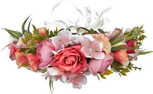 LLinfflr Women Floral Crown Boho Flower Headband Hair Wreath Floral Halo Headpiece with Ribbon Wedding Party Photos Rosy