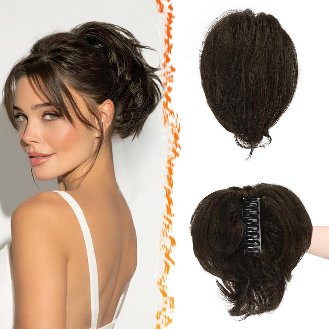 BARSDAR Claw Clip Short Human Hair Ponytail Extension - 8 Inch DIY Styles Claw Clip Real Human Hair Messy Bun Hairpieces for Women - Bendable Metals Thick Natural Short Black Brown Ponytail Daily