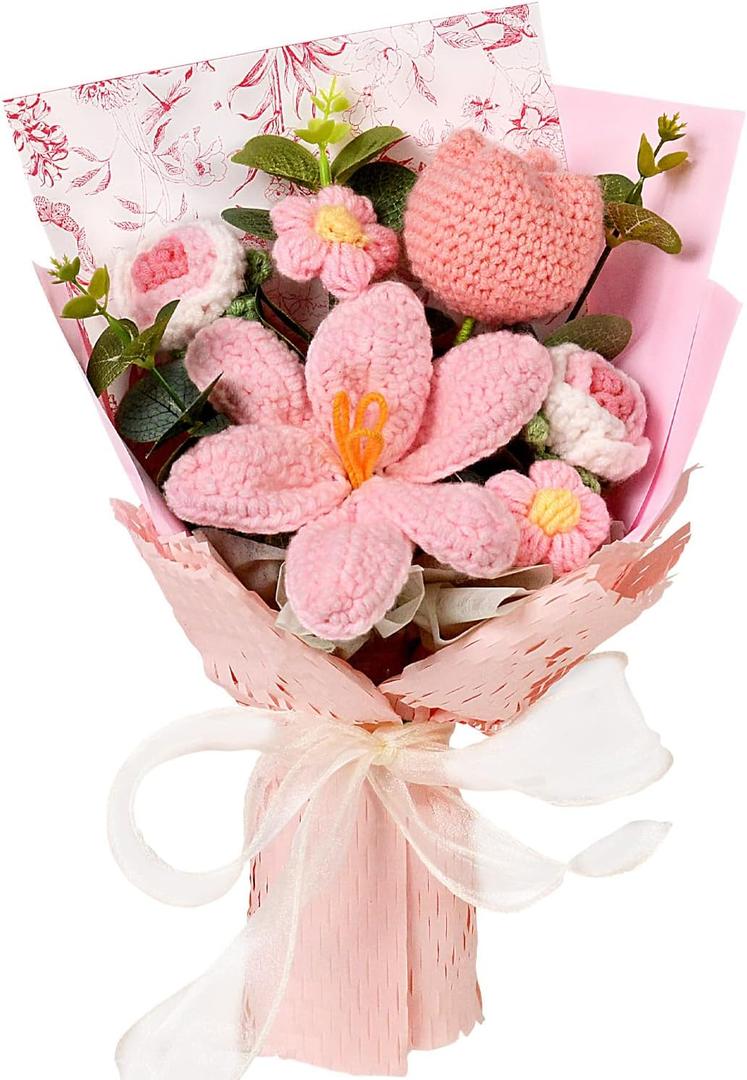Crochet Flowers Bouquet - Handmade Tulips Roses Daisies Knitted Flowers for Mother's Day Wedding Anniversary Birthday Teacher Appreciation Gifts Home Decor Pink