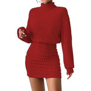 Women's Pullover Sweater Dress Long Lantern Sleeve Turtle Neck Cute Ribbed Knit Bodycon Mini Short Dress 2025 Fall (Big Red)