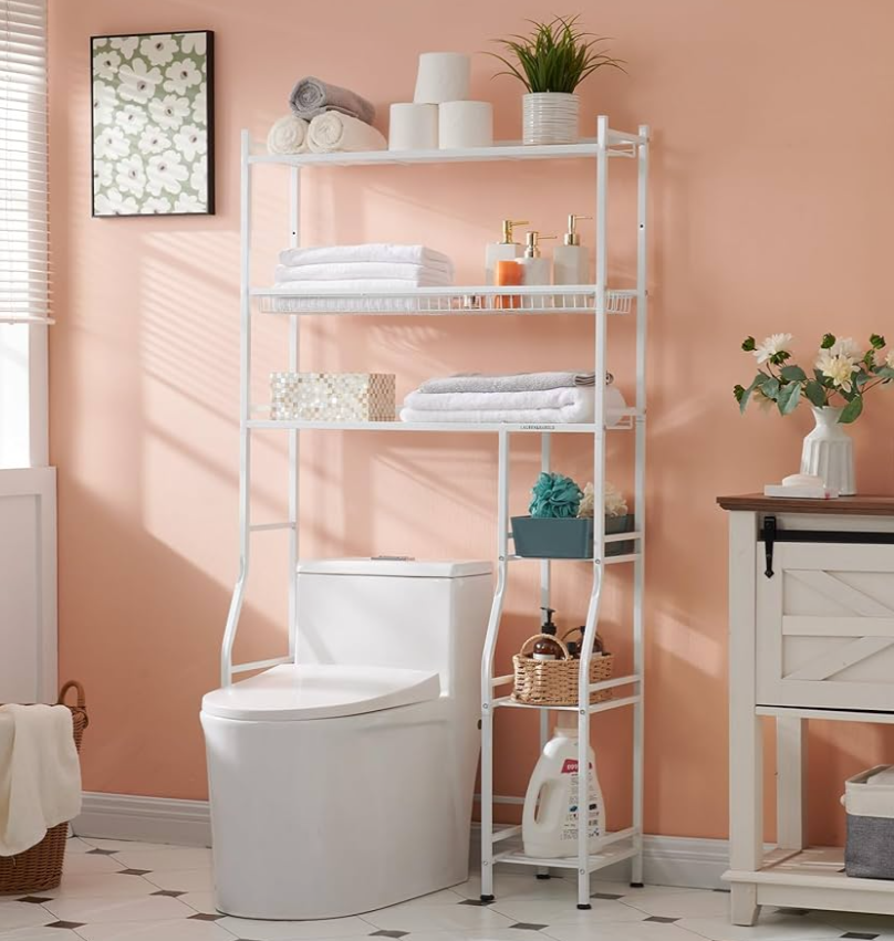 Lauren&Harold Over Toilet Bathroom Organizer 33",6-Tier Over The Toilet Storage Cabinet,Over The Toilet Storage Shelf for Restroom,Laundry(White-Cream)