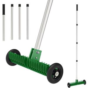 Lawn Thatch Rake, 15-Inch Steel Dethatching Tool, Adjustable 0-15 Angle and 38-68 Inch Length, Heavy-Duty Yard Rake for Dead Grass Removal and Lawn Care (Green)