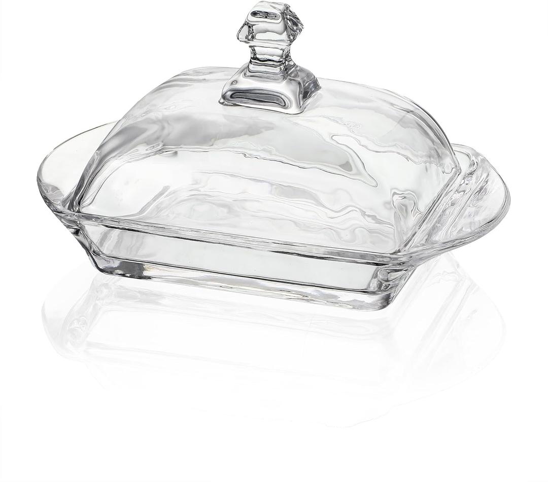 Clear Glass Butter Dish with Lid, 6.5"Covered Crystal Butter Dish with Cover Handle, Crystal Glass ButterTray for Countertop