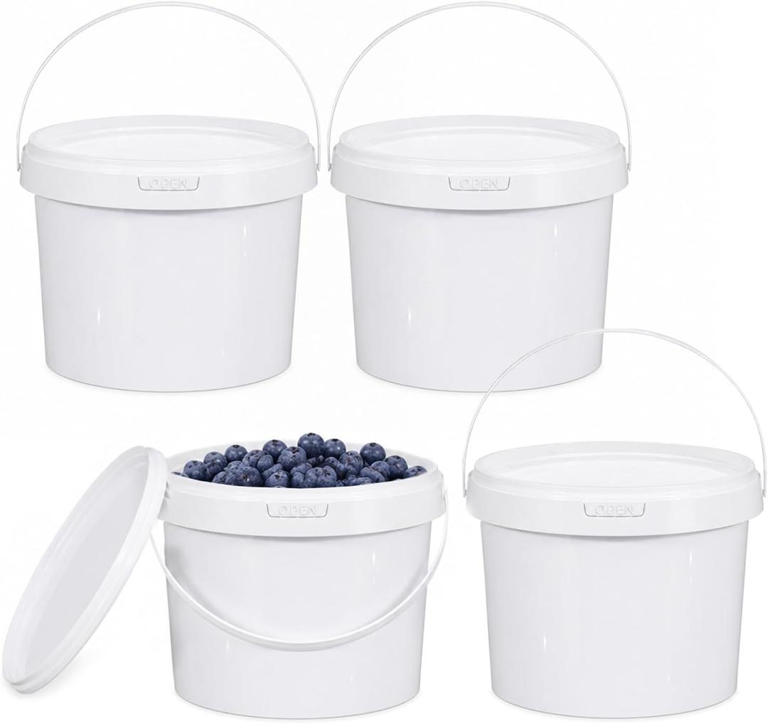 DEMORA 4 Pack 1.6 Gallon Food Grade Storage Buckets with Lids, White