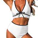 ZAFUL Womens High Waisted Bikini Sets Sexy V Neck Two Piece Swimsuit Cute Bow Ruched Bathing Suit (Large, Solid-white)