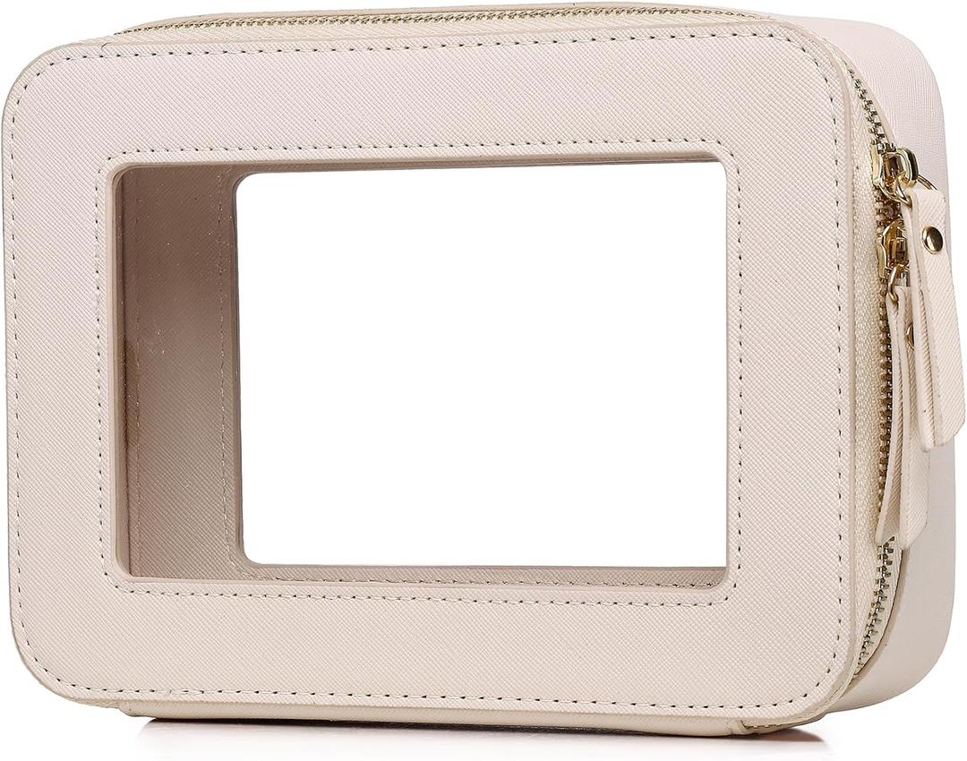 Clear Makeup Bag Women's Waterproof Travel Cosmetic Case and Toiletry Bag Portable Makeup Organizer Bag Car Essential with Zipper (Beige, M)