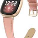 EDIMENS Leather Bands Compatible for Fitbit Versa 3 / Fitbit Versa 4 / Fitbit Sense for Women Men, Genuine Leather Bands Replacement Wristbands Straps Compatible with Versa 3 / Versa 4 / Sense (Small 5.7"-7.8", Pink Sand)