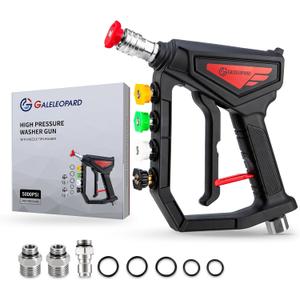 Short Pressure Washer Gun with Nozzle Holder, 5000 PSI High Pressure Washer Gun with 5 Nozzle Tips, 3/8'' Quick Connect, M22-14 mm and M22-15 mm Fittings, Power Washer Gun for Car Wash