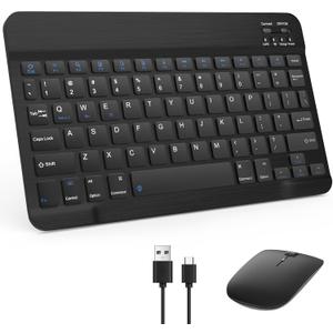 Bluetooth Keyboard & Mouse Combo, QWERTY Layout, 10 inch Ultra-Slim Wireless Keyboard, Lag-Free, Silent Keyboard Compatible with iPhone iPad Computer Tablet (Black)