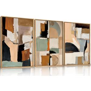 LHIUEM Large Abstract Neutral Colorful Framed Canvas Wall Art Set,Brush Stroke Pastel Wall Decor,Minimalist Shapes Textured Artwork for Living Room,Bedroom,Dining Room,Office -16"x24"x3