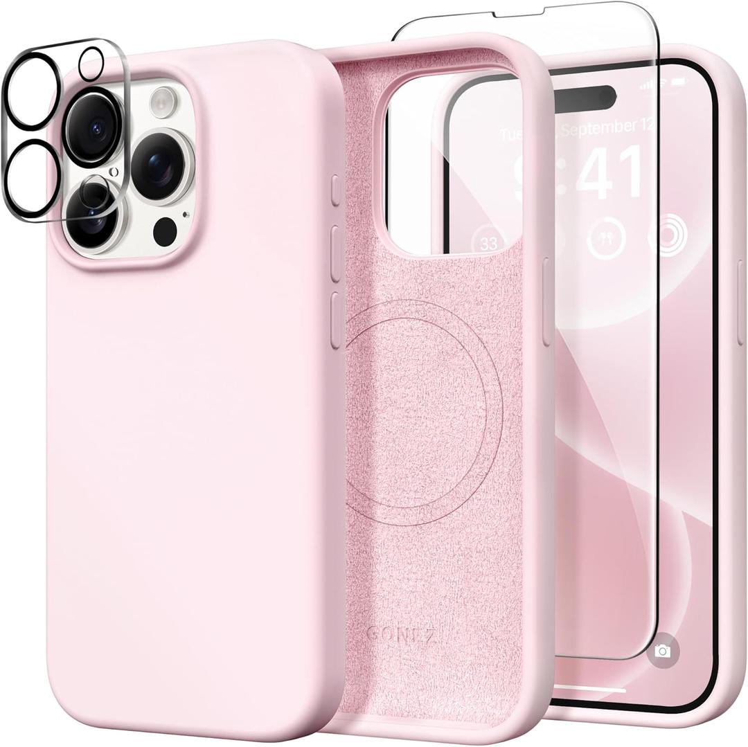 GONEZ for iPhone 15 Pro Max Case Silicone, Compatible with Magsafe, Camera Protector + Screen Protector, Soft Anti-Scratch Microfiber Lining, Liquid Silicone Shockproof Phone Cover, Chalk Pink