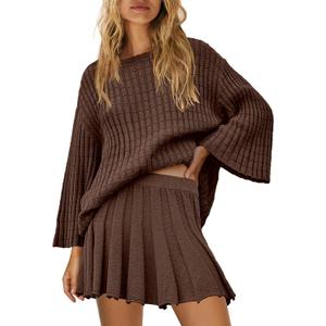SENSERISE Fall Sweater Sets Skirt Sets Women 2 Piece Outfits Long Sleeve Top and Skirts Set Loungewear (Brown)