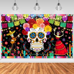 Mocsicka Day of The Dead Party Backdrop Banner Mexican Fiesta Skull Flowers Backdrop Dia DE Los Muertos Party Decorations Photo Booth Props (6x3.6ft)